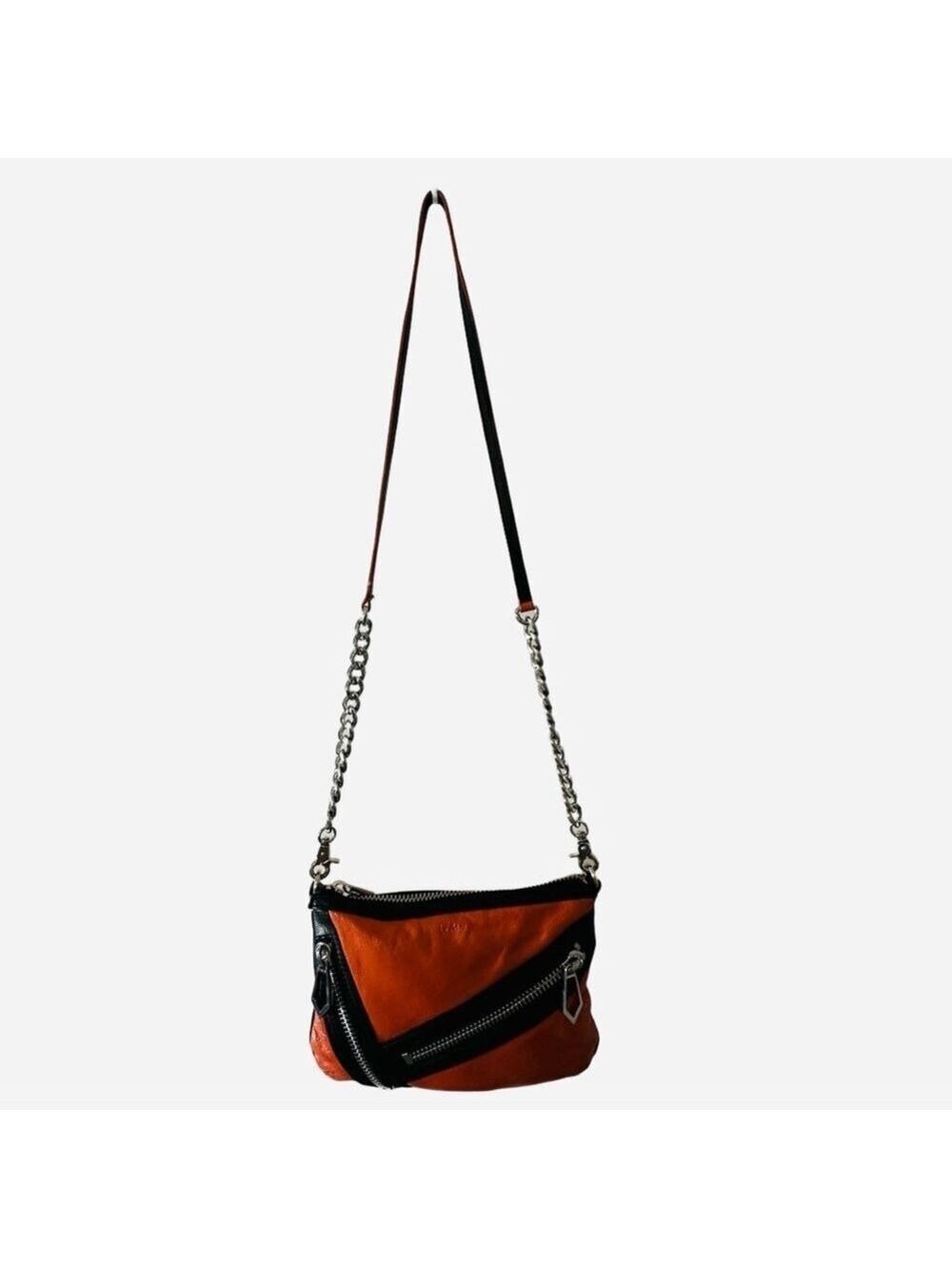 Botkier CRUZ Crossbody Hand Bag Orange Leather Chrome Chain and Zippers - Picture 3 of 15